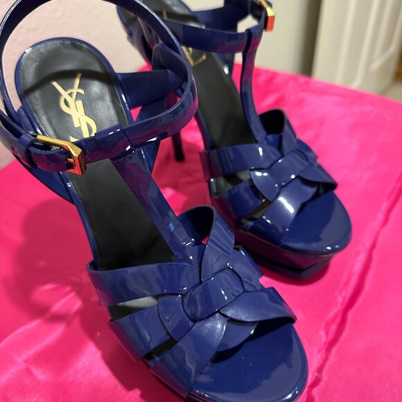 Saint Laurent YSL Tribute Blue Patent Leather Sandals, 38 - Picture 3 of 7